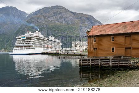 EIDFJORD, NORWAY - 21 SEPTEMBER 2017: Viking Star cruise ship docked at the quayside in Eidfjord in Norway