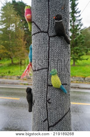EIDFJORD, NORWAY - 21 SEPTEMBER 2017: Knitted woolen coverings on tree trunks in Eidfjord in Norway