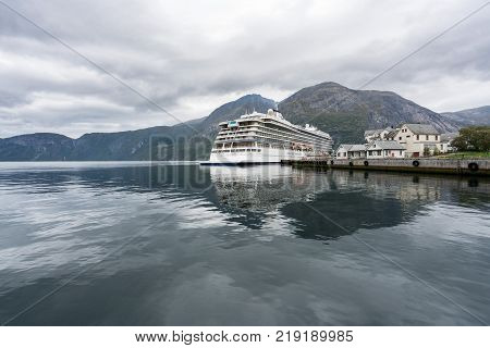 EIDFJORD, NORWAY - 21 SEPTEMBER 2017: Viking Star cruise ship docked at the quayside in Eidfjord in Norway