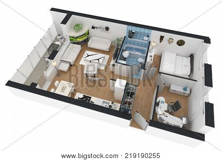3d rendering of furnished home apartment plan