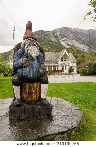 EIDFJORD, NORWAY - 21 SEPTEMBER 2017: Statue of the Troll on the quayside in Eidfjord in Norway
