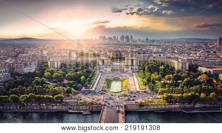 Top view of Paris from the Eiffel Tower at sunset in the evening. Citiscape Paris France