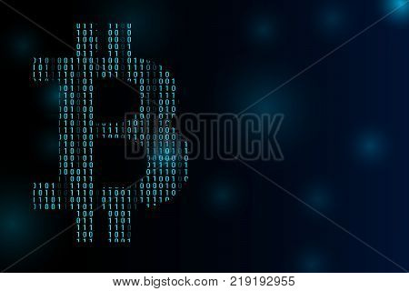 Horizontal banner with bitcoin and dark blue background with binary code and place for your text. Stock vector illustration.
