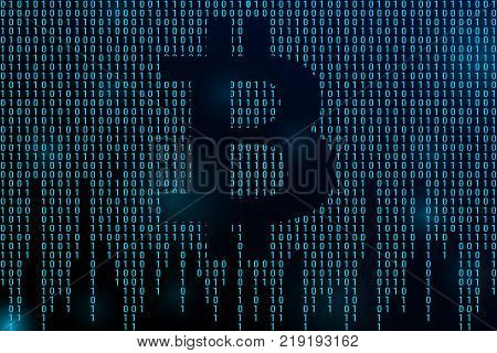 Horizontal banner with bitcoin and dark blue background with binary code and place for your text. Stock vector illustration.