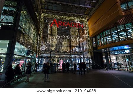 BERLIN - DECEMBER 18 2017: Arkaden - new and modern shopping mall at Potsdamer Platz in the Christmas illumination.