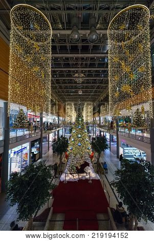 BERLIN - DECEMBER 18 2017: Arkaden - new and modern shopping mall at Potsdamer Platz in the Christmas illumination.