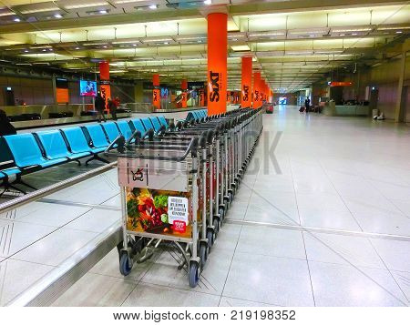 Cologne, Germany - December 12, 2017: The baggage claim room at Cologne Bonn Airport at Cologne, Germany on December 12, 2017.