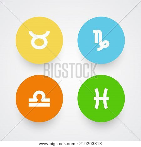 Collection Of Scales, Goat, Fishes And Other Elements.  Set Of 4 Astrology Icons Set.