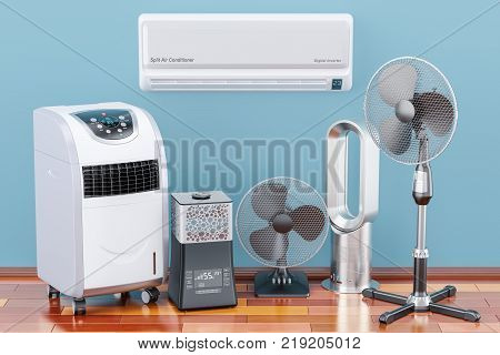 Cooling and climate electric devices on the wooden floor. 3D rendering