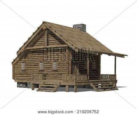 3D render of a cozy wooden cabin with a porch and stone chimney isolated against a white background
