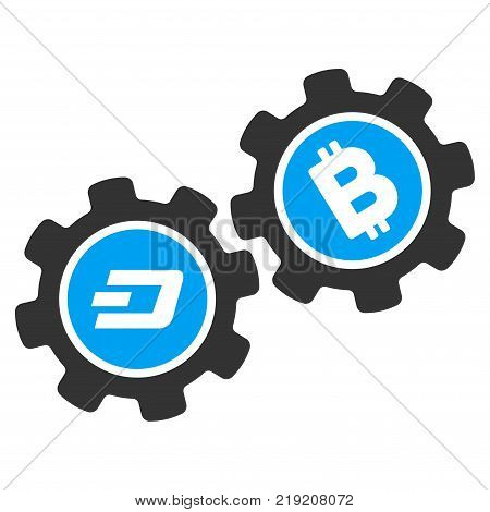 Dash Bitcoin Gears vector pictograph. Illustration style is a flat iconic bicolor blue and gray symbol on white background.