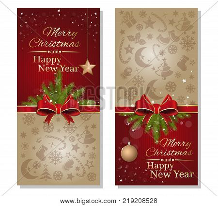 Christmas gift cards. Festive red backgrounds with red ribbon and bow. Design elements for Christmas and New Year. Vector flyer template