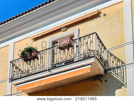 Balcony of house with flowers Agerola Amalfi coast Italy