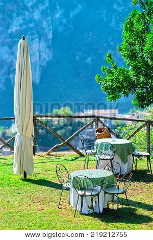 Open air street restaurant in Ravello village Tyrrhenian sea Amalfi coast Italy