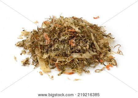 Heap of Japanese rice topping, furikake, with shrimp on white background