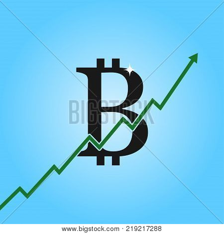 Bitcoin growth graph. Bitcoin sign with arrow up. Concept of cryptocurrency profit and gain. Vector illustration.