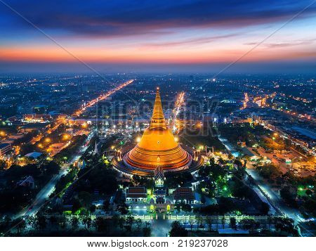 Aerial View Of Beautiful Gloden Pagoda At Sunset. Phra Pathom Chedi Temple In Nakhon Pathom Province