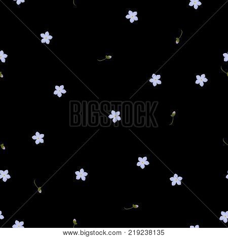 Seamless floral pattern forget-me-not violet flowers. Myosotis gentle flower pattern on black background, vector, eps 10