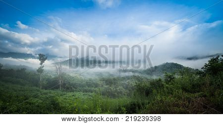 Panorama view blue sky and cloudy of nature and top view of mountain and forest in Khao Kho Phetchabun Province. One of the most popular attractions in Thailand.