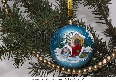 Christmas ball with the dog kennels on the spruce branch with beads.