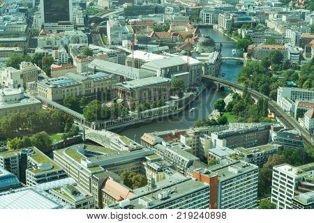 BERILIN GERMANY - AUGUST 28 2017; Built-up ciryscape with Spree Canal flowing around one side of Museum Island