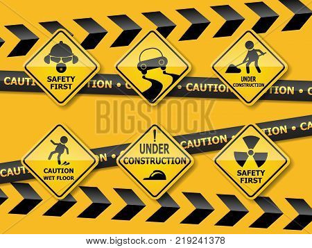set of warning caution sign on yellow backgroun vector illustration