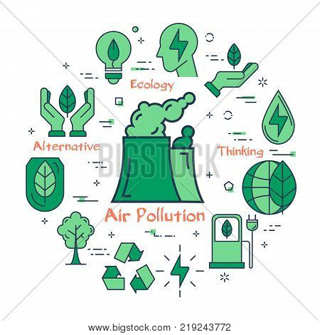 Vector linear green round concept of Air Pollution. Line icons of factory or factory pipes, smoke, production, eco concept