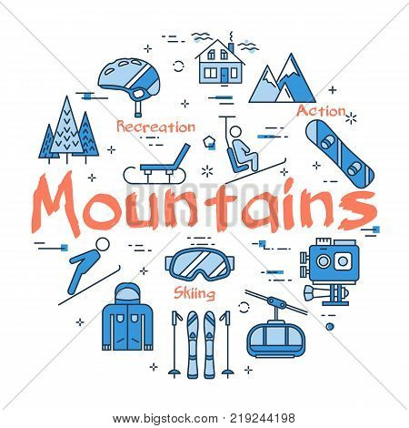 Vector linear blue round concept of Mountains. Line icons of winter outdoor recreation, skiing, ski lifts and entertainment on vacation