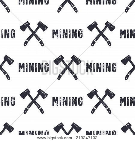 Hand drawn Mining seamless background. Can be used as classicd esignation - gold, silver mining etc. Or modern - Bitcoin or another Cryptocurrency. Monochrome style pattern. Stock .
