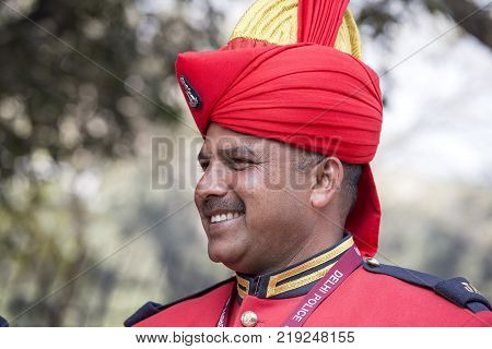 NEW DELHI INDIA - JANUARY 23 2017 : Soldiers take part in rehearsal activities for the upcoming India Republic Day parade which will be held January 26 at Jawaharlal Nehru stadium