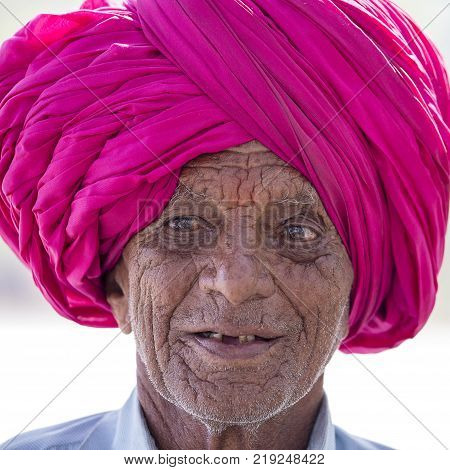 ELLORA INDIA - FEBRUARY 01 2017 : Unidentified Portrait of an Indian man in a turban who visited the Ellora cave State of Maharashtra India