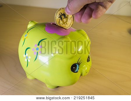A green piggy bank with a golden bitcoin. Economical and financial concept involving cryptocoins, investment and savings
