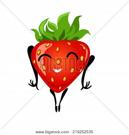 Strawberry having fun. Cartoon illustration of berry. Funny positive and friendly strawberry emoticon face food emoji. Icon comical fruit