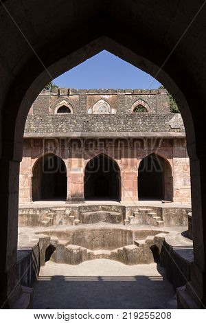 Arched architecture in the palace Jahaz Mahal . Mandu Madhya Pradesh India