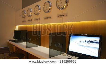 DUBAI, UNITED ARAB EMIRATES - APRIL 4th, 2014: The Lufthansa Senator Business Lounge at Dubai International Airport DXB. The German airline is a member of Star Alliance.