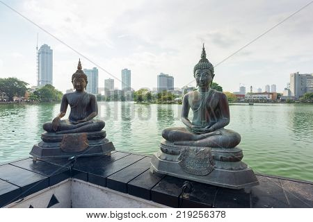 COLOMBO SRI LANKA - MARCH 24 2016: Buddha statues at Seema Malaka Temple in Colombo Sri Lanka.