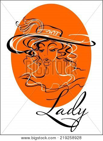 The sketch of the girl in the hat. Fashion illustration. Drawn.Lady in the hat. Model beauty silhouette. Fashion girl. Accessories. Orange. Vector