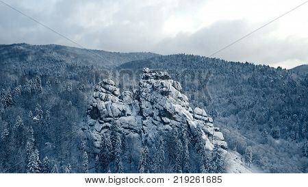 Winter in Carpathian Mountains. High-altitude aerial shot.