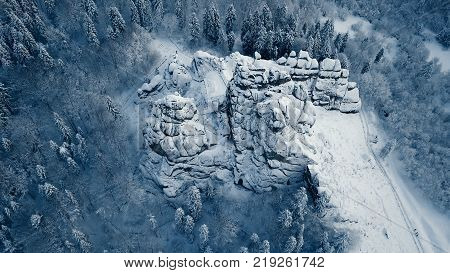 Winter in Carpathian Mountains. High-altitude aerial shot.