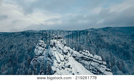 Winter in Carpathian Mountains. High-altitude aerial shot.