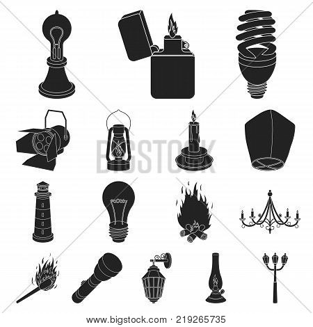 Light source black icons in set collection for design. Light and equipment vector symbol stock  illustration.