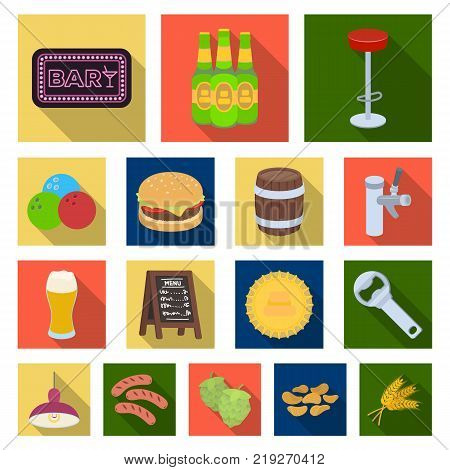 Pub, interior and equipment flat icons in set collection for design. Alcohol and food vector symbol stock  illustration.