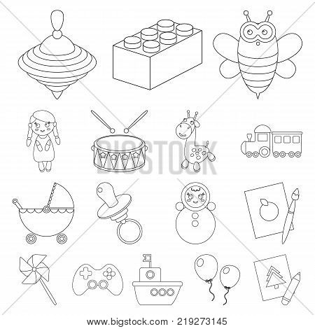 Children's toy outline icons in set collection for design. Game and bauble vector symbol stock  illustration.