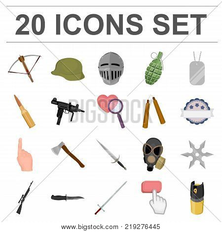 Types of weapons cartoon icons in set collection for design.Firearms and bladed weapons vector symbol stock  illustration.