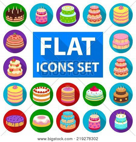 Cake and dessert flat icons in set collection for design. Holiday cake vector symbol stock  illustration.