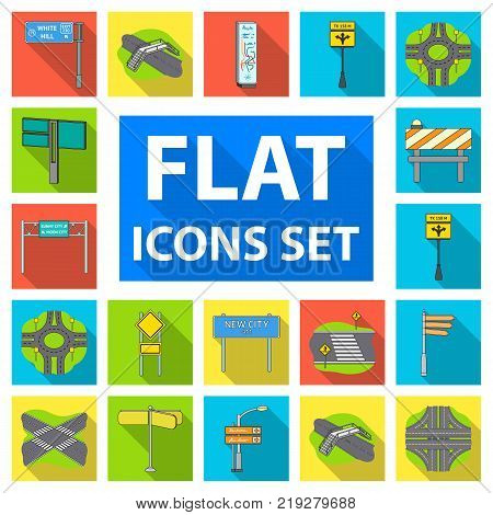Road junctions and signs flat icons in set collection for design.Pedestrian crossings and signs vector symbol stock illustration.
