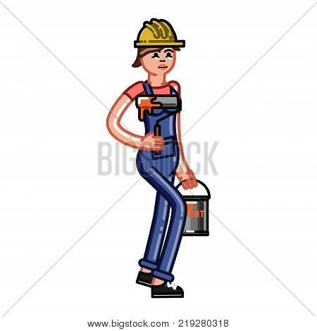 Builder bears a paint and a roller. Vector sketch cartoon illustration.