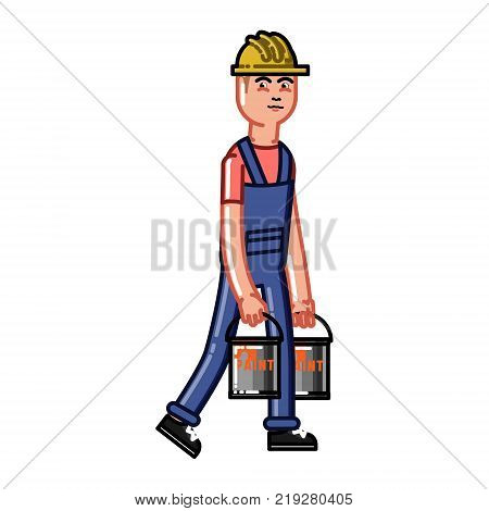 Builder bears a paint. Vector sketch cartoon illustration.
