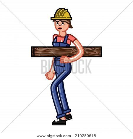 Builder bears timber. Vector sketch cartoon illustration.