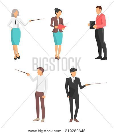 Set of icons business people doing different activities, persons with pointer in their hands, colleagues with documents on vector illustration